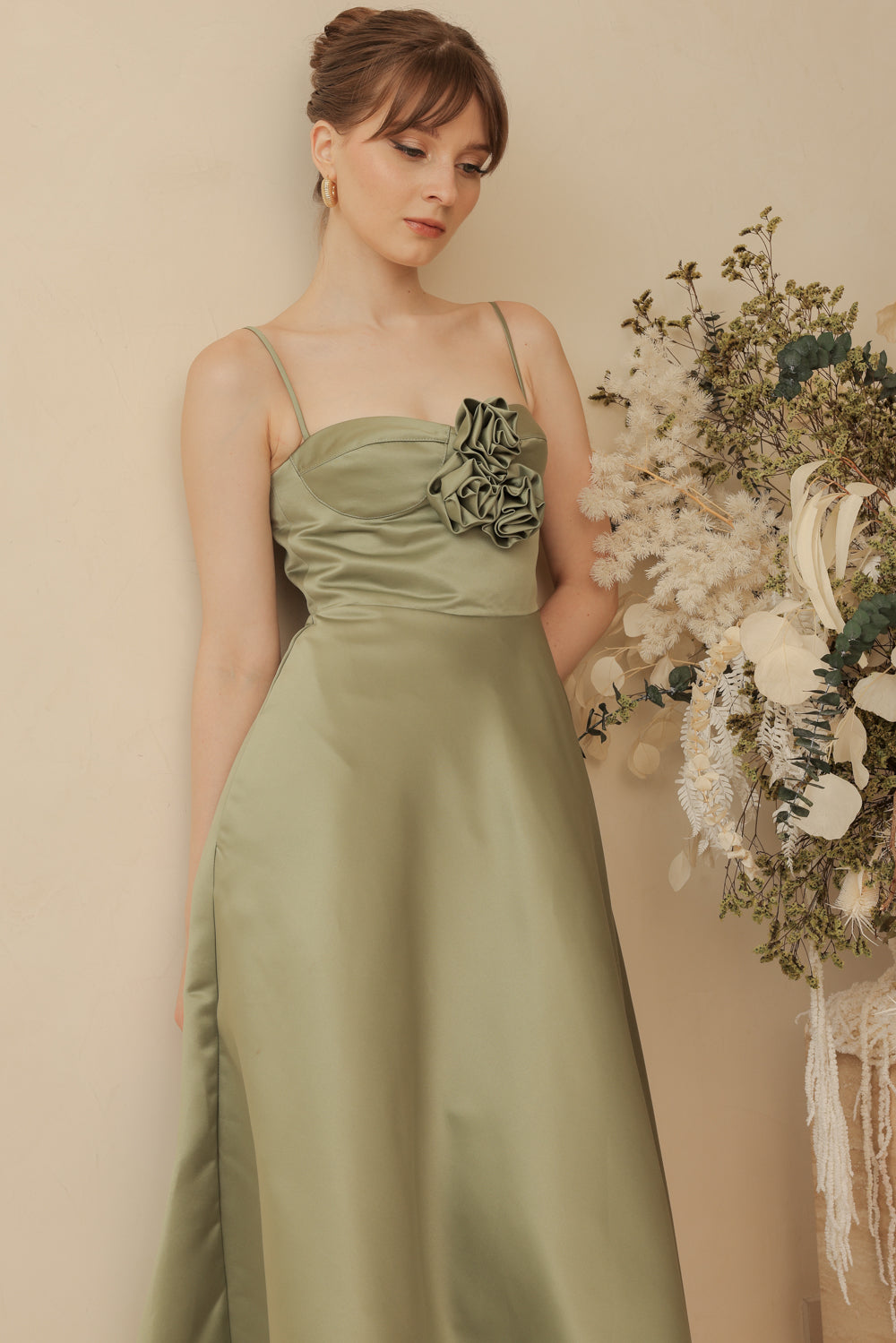 ADELINE Strappy Maxi Dress with Mini Trail and Pockets and Trio Floral Detail (Olive Duchess Satin)