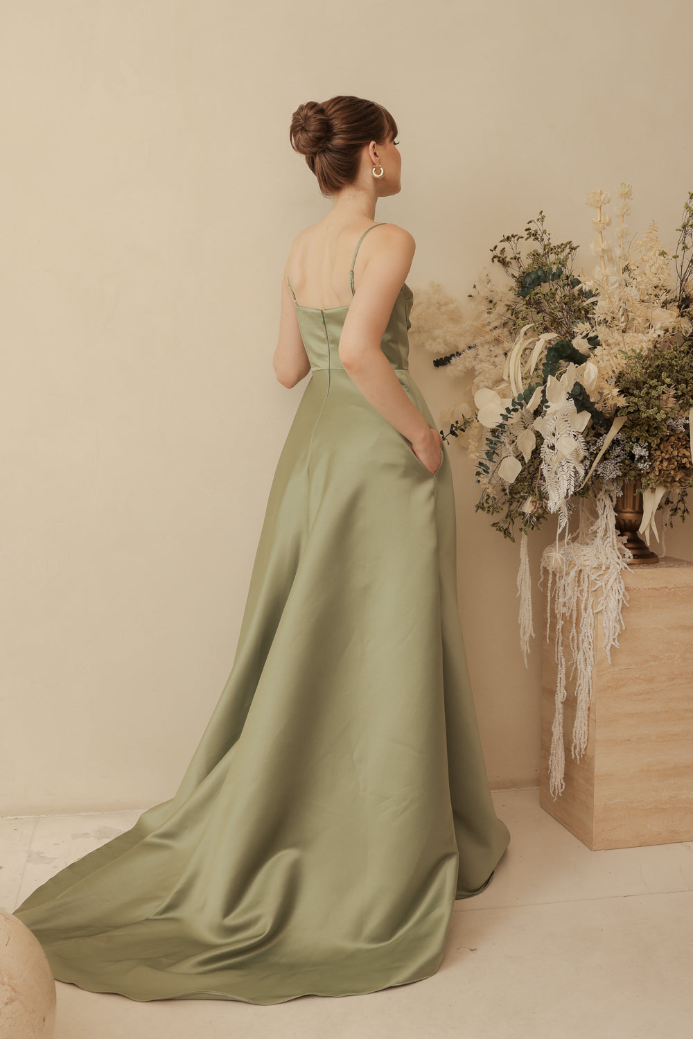 ADELINE Strappy Maxi Dress with Mini Trail and Pockets and Trio Floral Detail (Olive Duchess Satin)