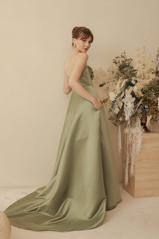 ADELINE Strappy Maxi Dress with Mini Trail and Pockets and Trio Floral Detail (Olive Duchess Satin)