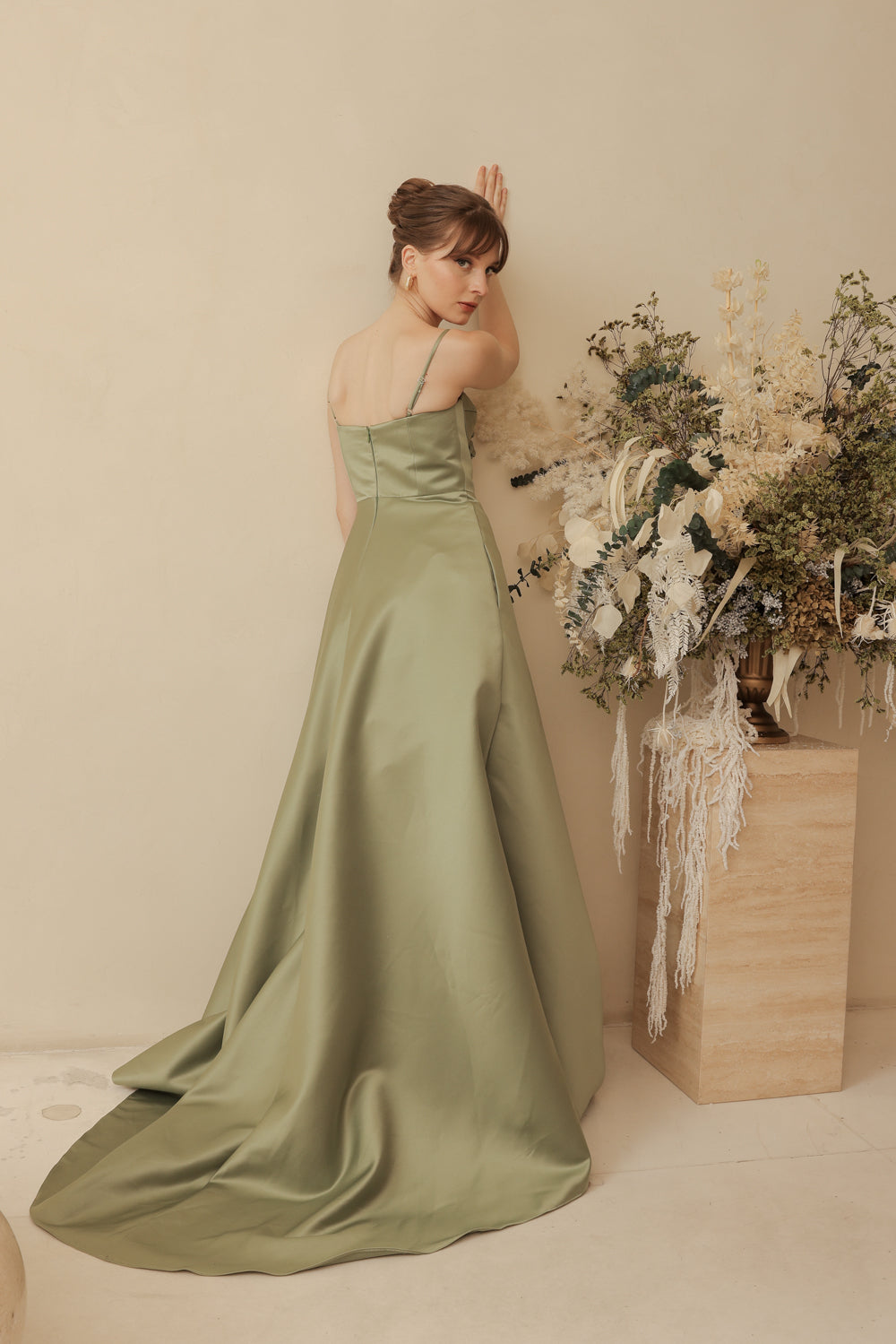 ADELINE Strappy Maxi Dress with Mini Trail and Pockets and Trio Floral Detail (Olive Duchess Satin)