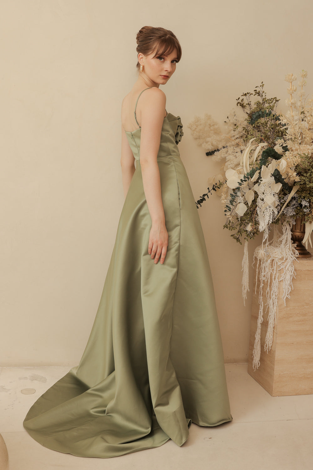 ADELINE Strappy Maxi Dress with Mini Trail and Pockets and Trio Floral Detail (Olive Duchess Satin)