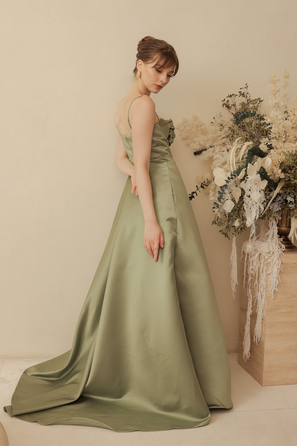 ADELINE Strappy Maxi Dress with Mini Trail and Pockets and Trio Floral Detail (Olive Duchess Satin)