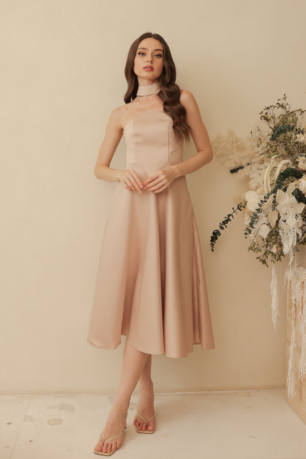 BRIELLE Curve Neckline Midi Dress with Full Covered Button Back and Tie Neckpiece (Blush Nude Duchess Satin)