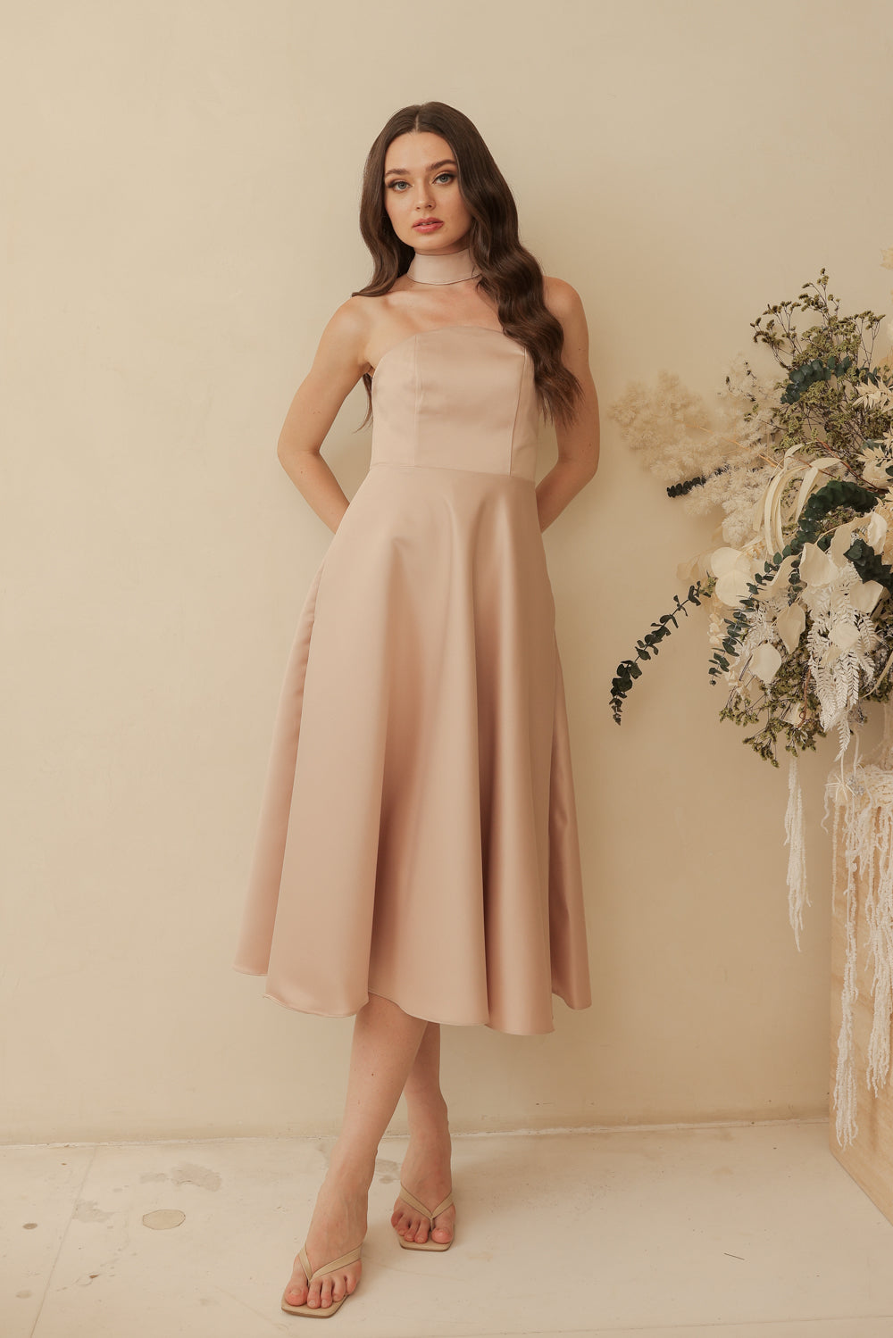 BRIELLE Curve Neckline Midi Dress with Full Covered Button Back and Tie Neckpiece (Blush Nude Duchess Satin)