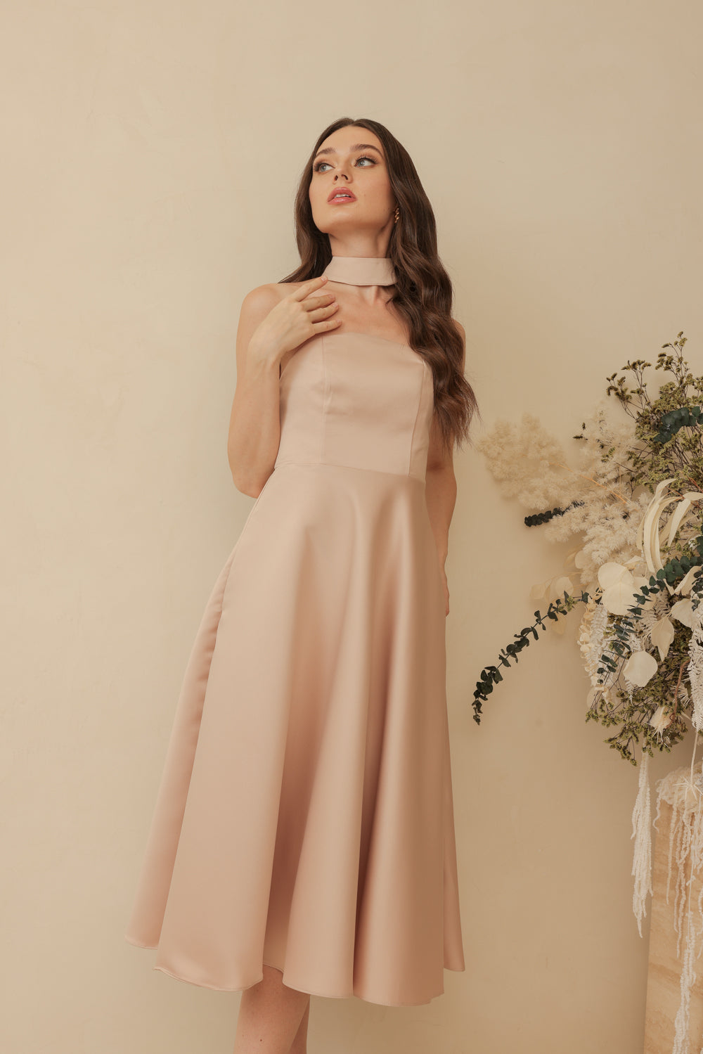 BRIELLE Curve Neckline Midi Dress with Full Covered Button Back and Tie Neckpiece (Blush Nude Duchess Satin)