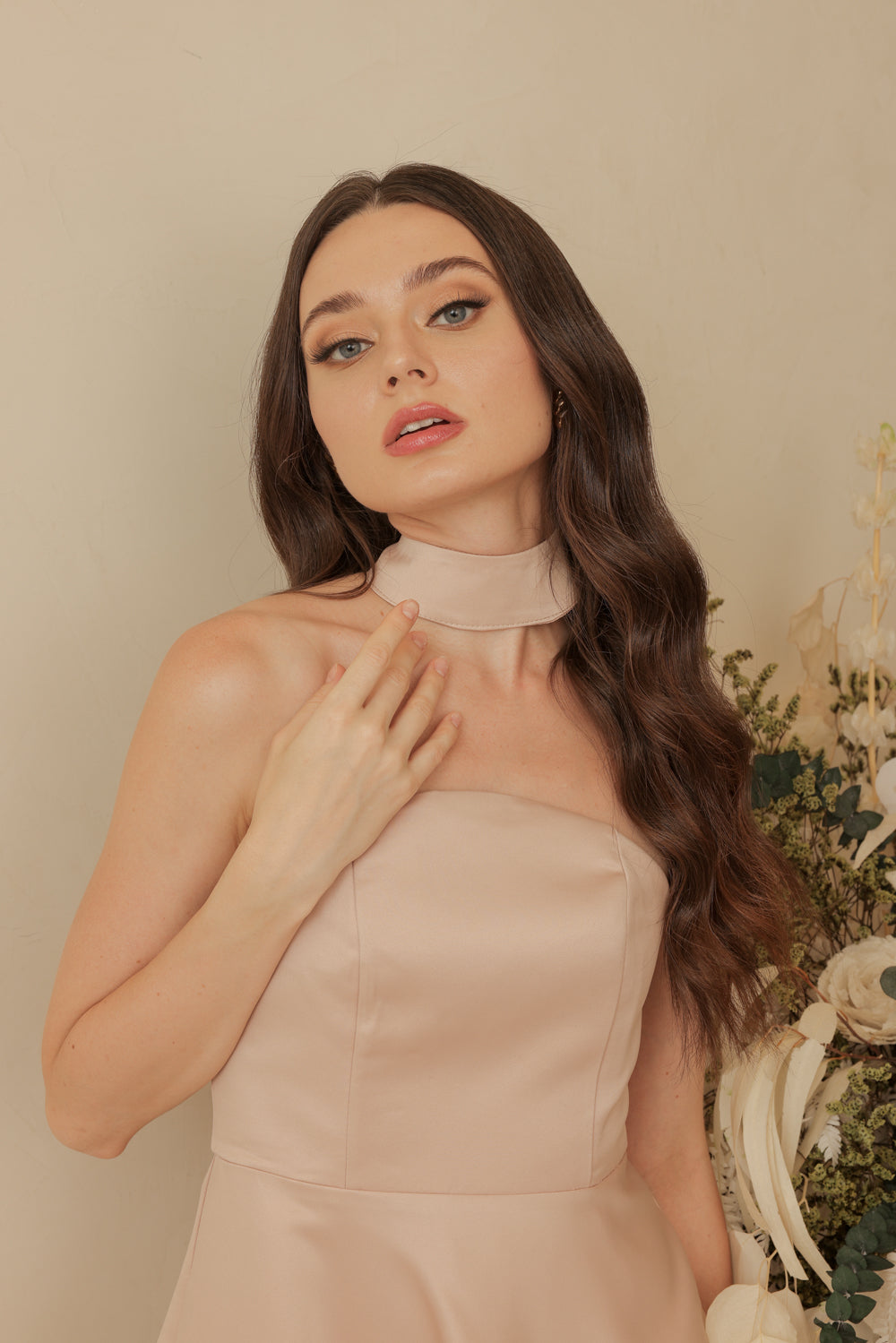 BRIELLE Curve Neckline Midi Dress with Full Covered Button Back and Tie Neckpiece (Blush Nude Duchess Satin)