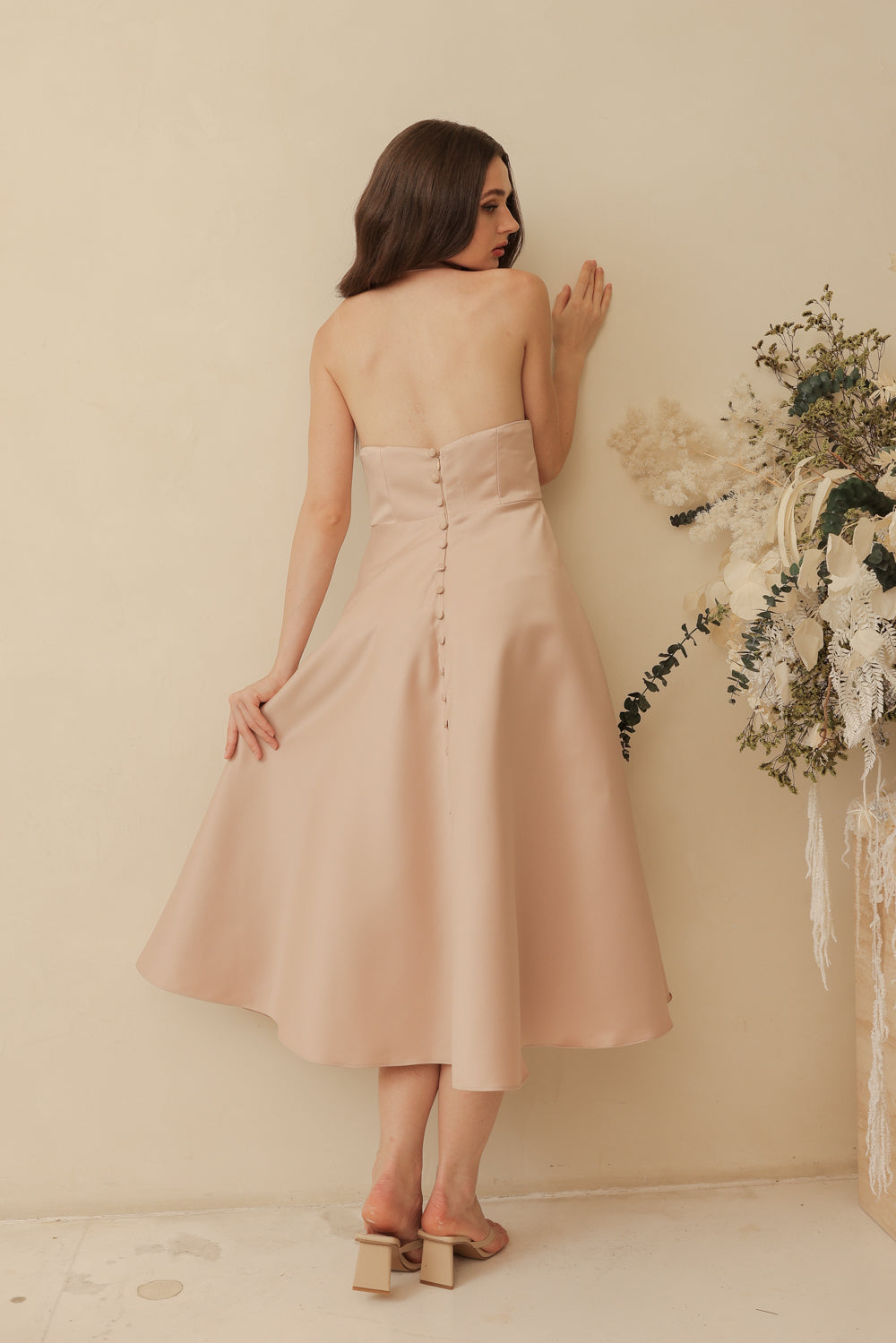 BRIELLE Curve Neckline Midi Dress with Full Covered Button Back and Tie Neckpiece (Blush Nude Duchess Satin)