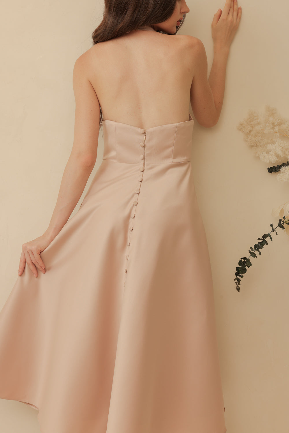 BRIELLE Curve Neckline Midi Dress with Full Covered Button Back and Tie Neckpiece (Blush Nude Duchess Satin)