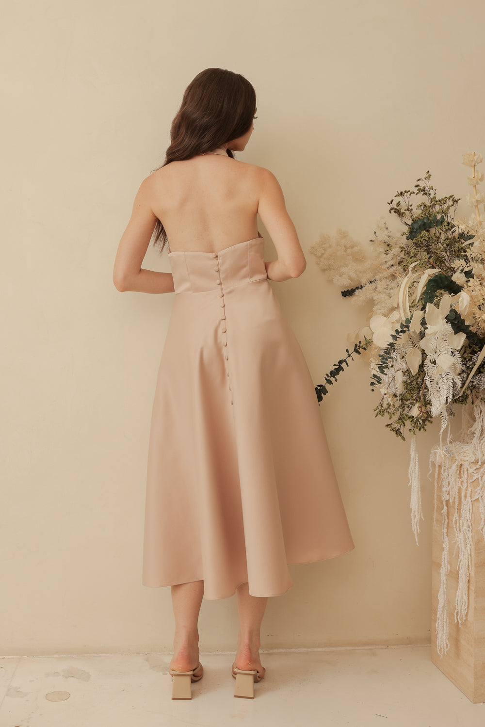 BRIELLE Curve Neckline Midi Dress with Full Covered Button Back and Tie Neckpiece (Blush Nude Duchess Satin)