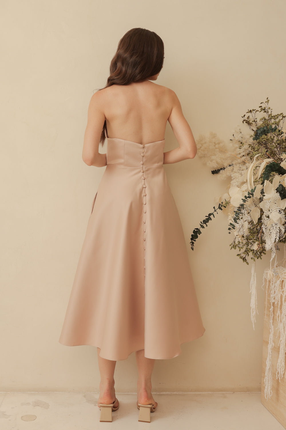 BRIELLE Curve Neckline Midi Dress with Full Covered Button Back and Tie Neckpiece (Blush Nude Duchess Satin)