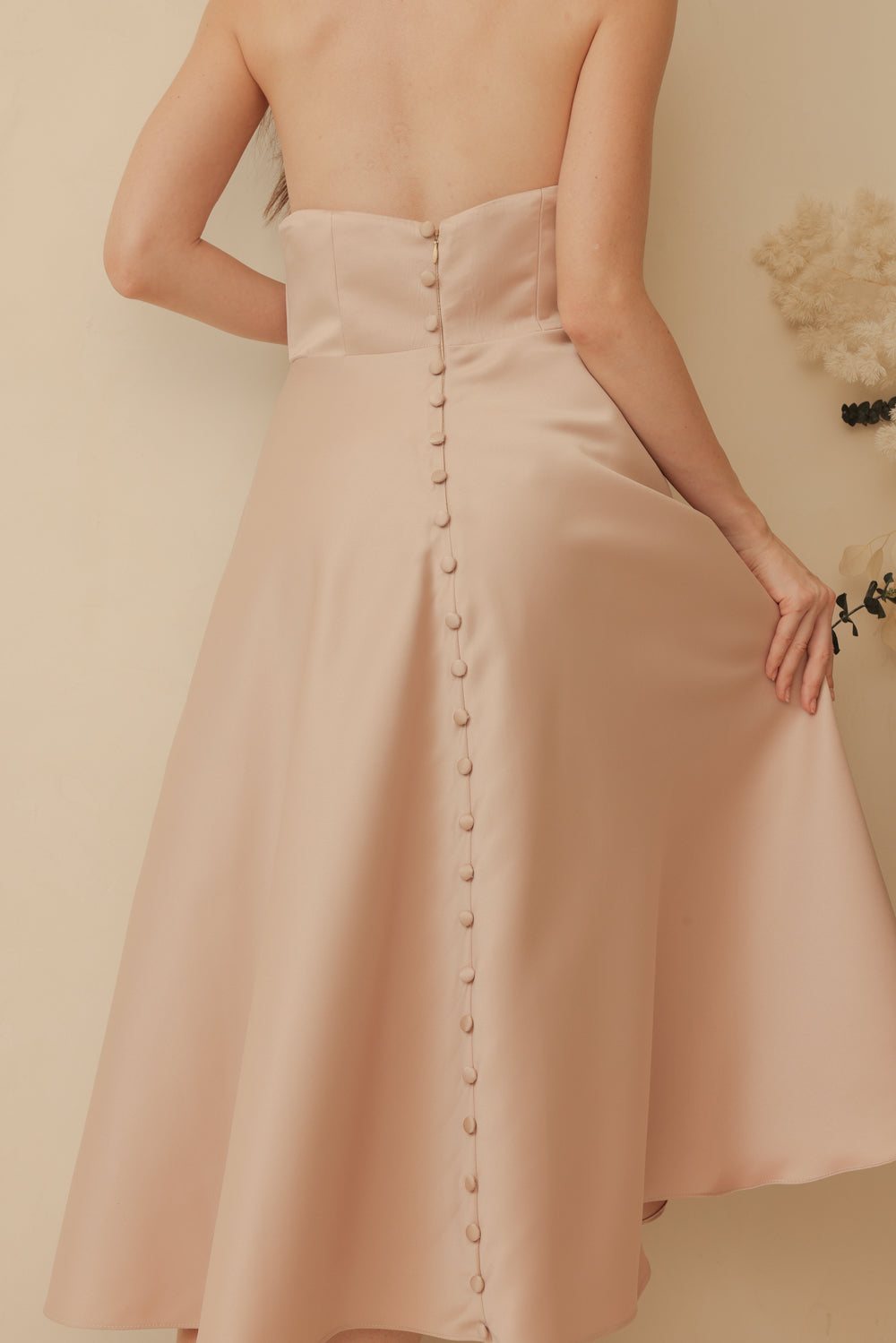 BRIELLE Curve Neckline Midi Dress with Full Covered Button Back and Tie Neckpiece (Blush Nude Duchess Satin)