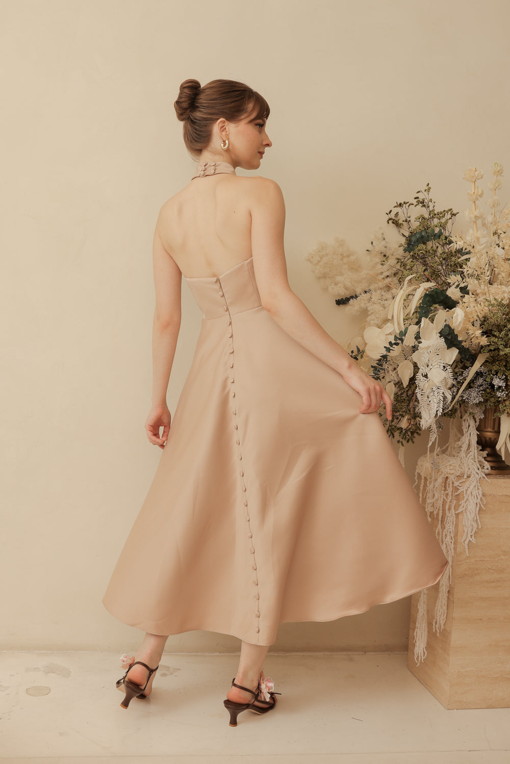 BRIELLE Curve Neckline Midi Dress with Full Covered Button Back and Tie Neckpiece (Tan Duchess Satin)