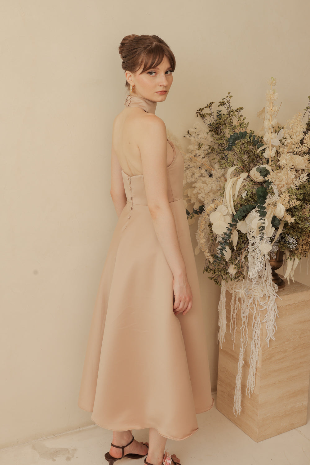 BRIELLE Curve Neckline Midi Dress with Full Covered Button Back and Tie Neckpiece (Tan Duchess Satin)