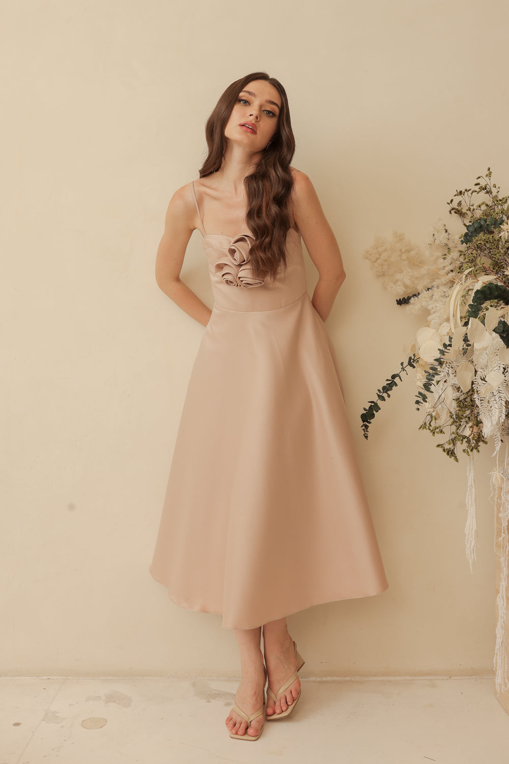 AIMEE Strappy Midi Dress with Pockets and Trio Floral Detail (Blush Nude Duchess Satin)