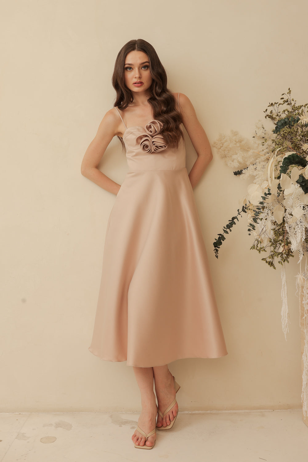 AIMEE Strappy Midi Dress with Pockets and Trio Floral Detail (Blush Nude Duchess Satin)