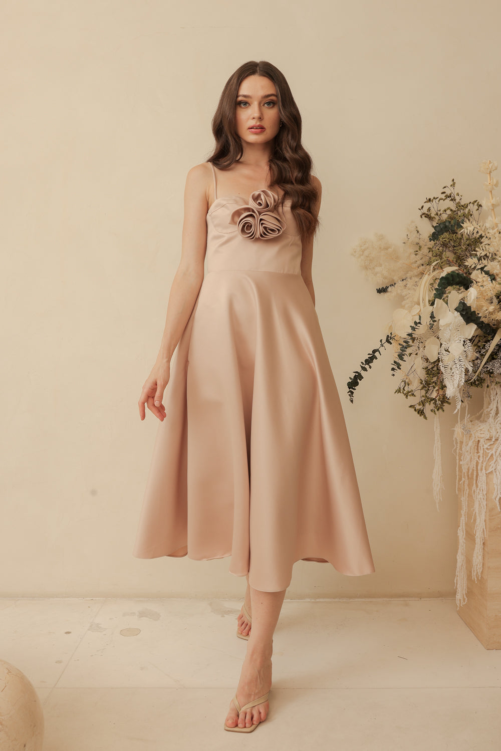 AIMEE Strappy Midi Dress with Pockets and Trio Floral Detail (Blush Nude Duchess Satin)