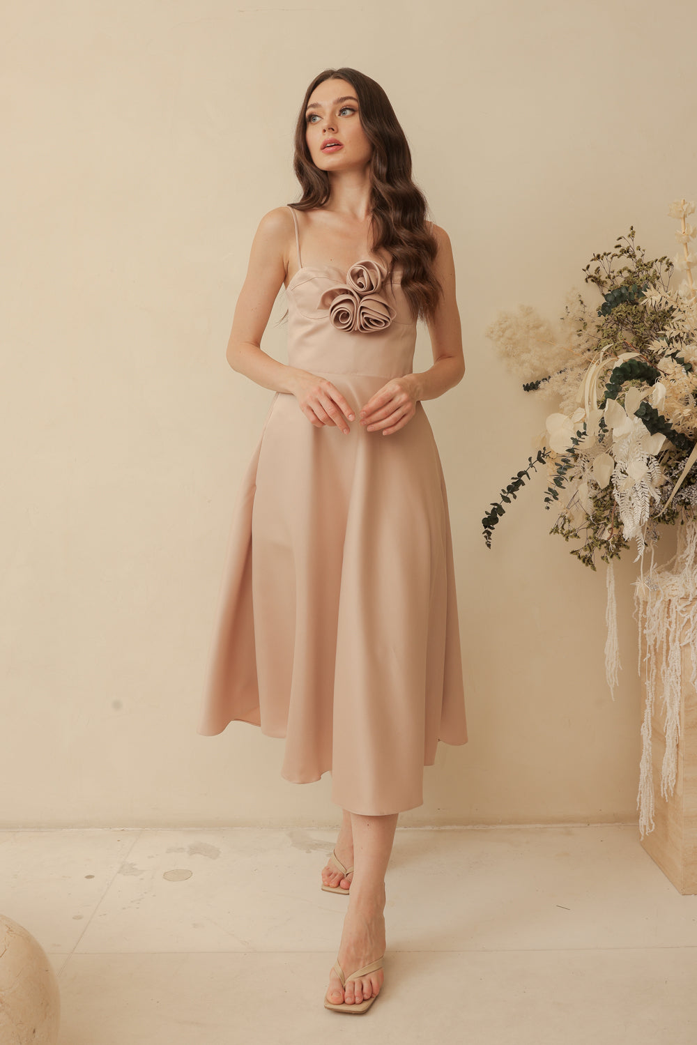 AIMEE Strappy Midi Dress with Pockets and Trio Floral Detail (Blush Nude Duchess Satin)