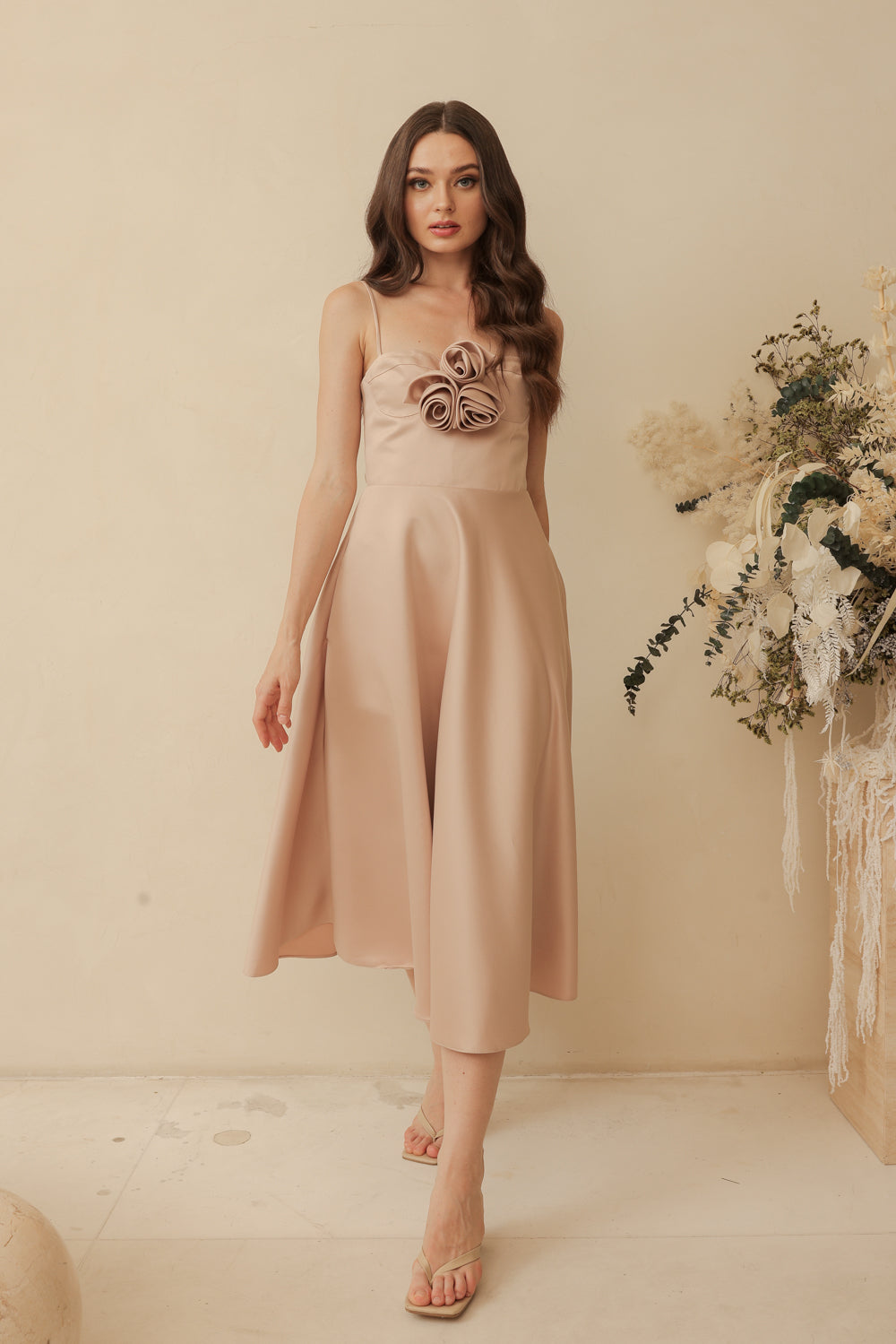 AIMEE Strappy Midi Dress with Pockets and Trio Floral Detail (Blush Nude Duchess Satin)