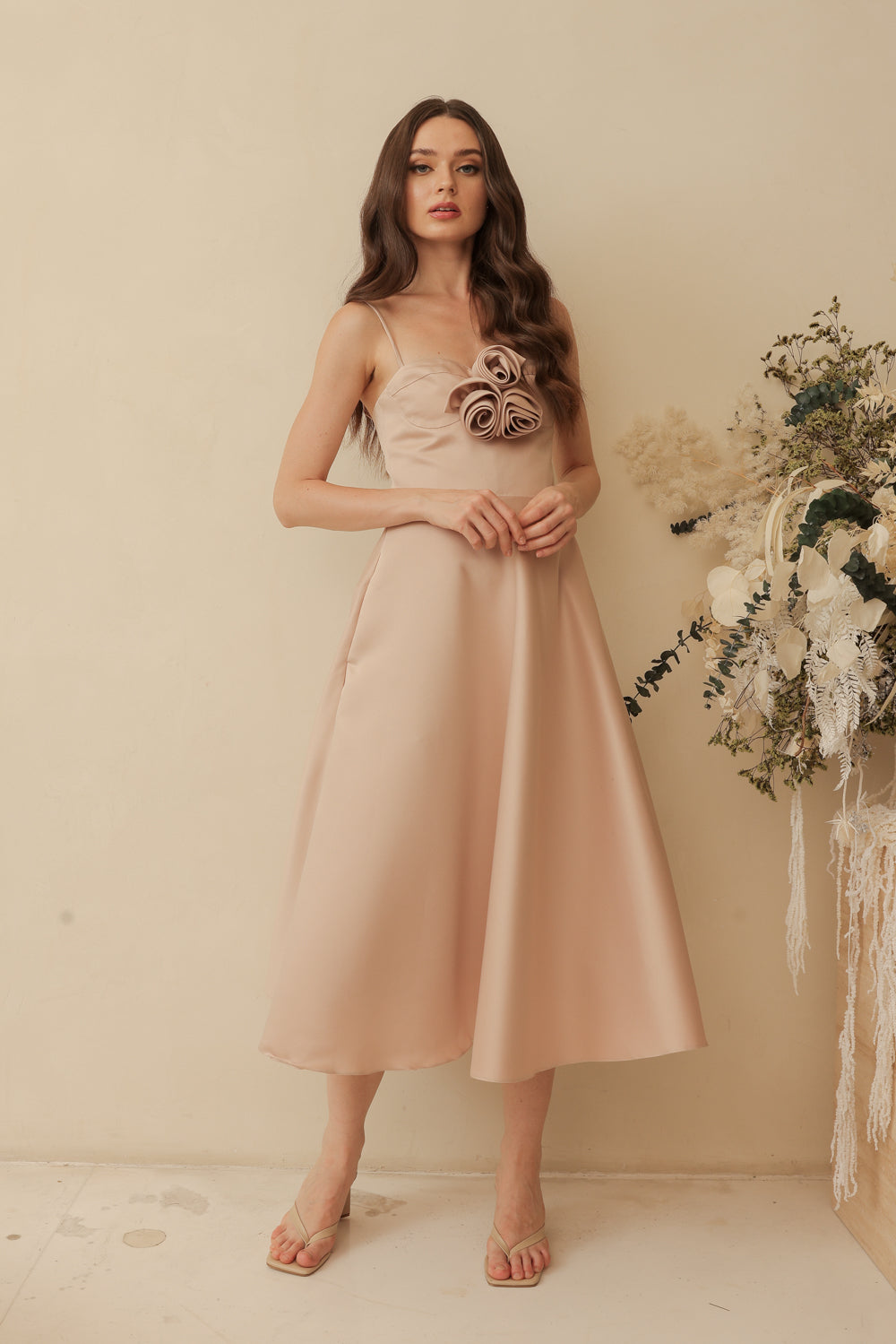 AIMEE Strappy Midi Dress with Pockets and Trio Floral Detail (Blush Nude Duchess Satin)