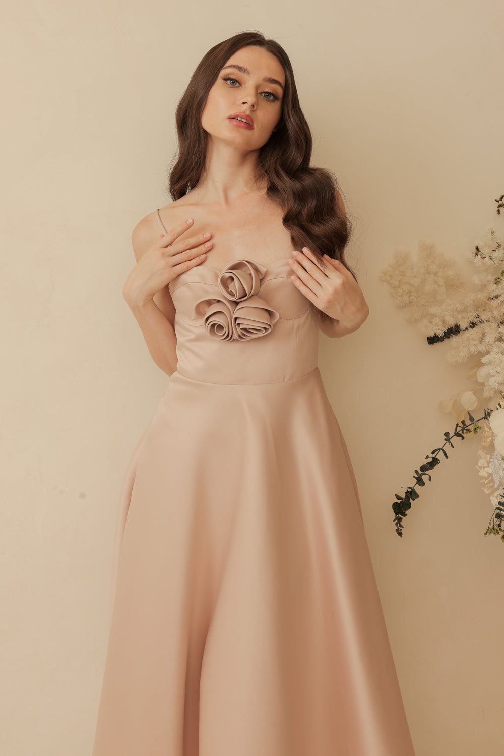 AIMEE Strappy Midi Dress with Pockets and Trio Floral Detail (Blush Nude Duchess Satin)