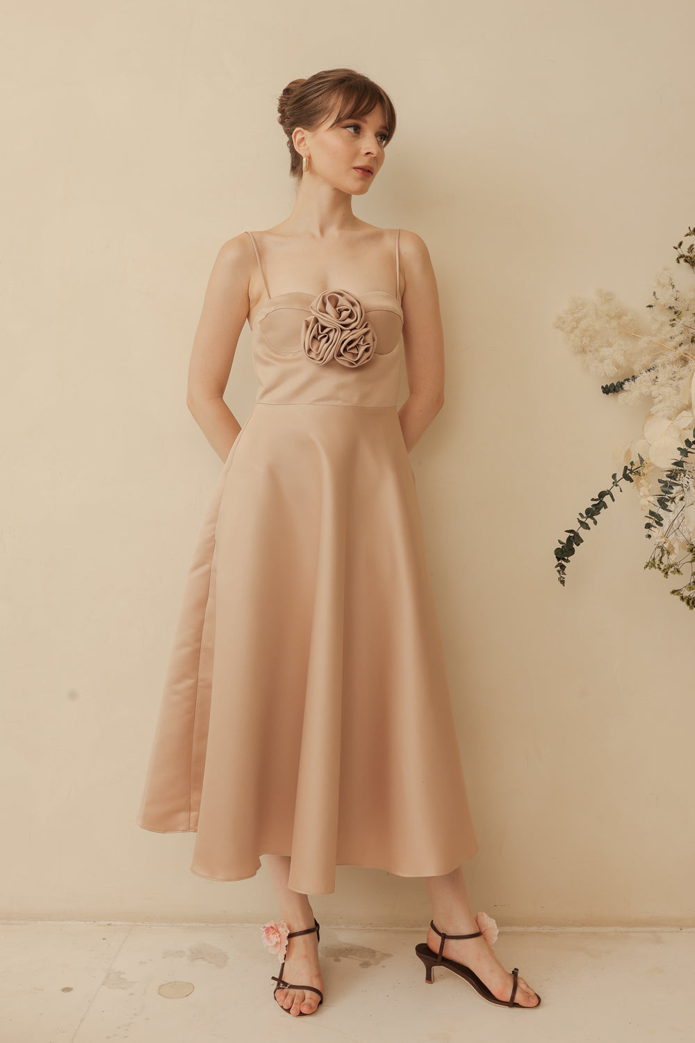 AIMEE Strappy Midi Dress with Pockets and Trio Floral Detail (Tan Duchess Satin)