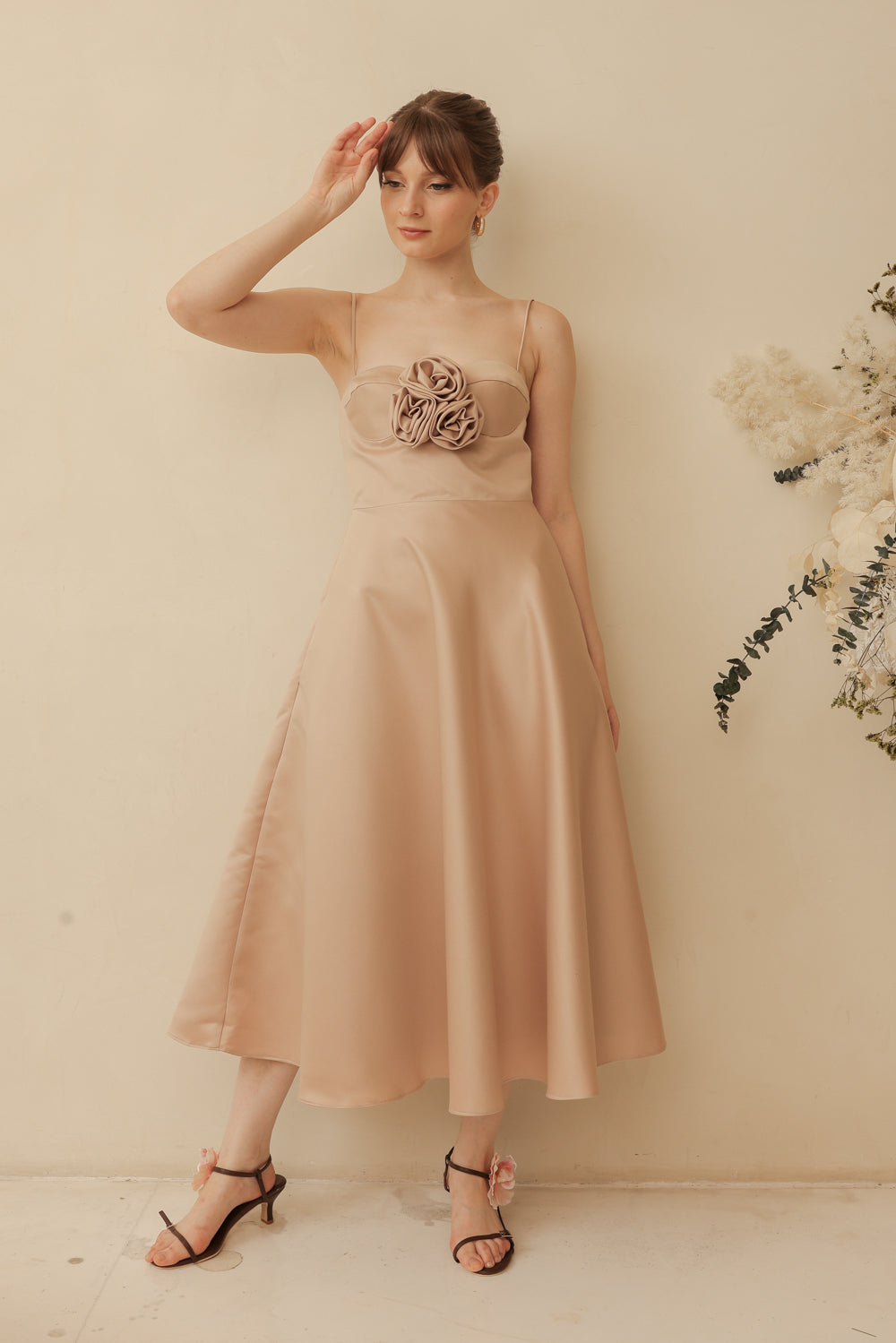 AIMEE Strappy Midi Dress with Pockets and Trio Floral Detail (Tan Duchess Satin)