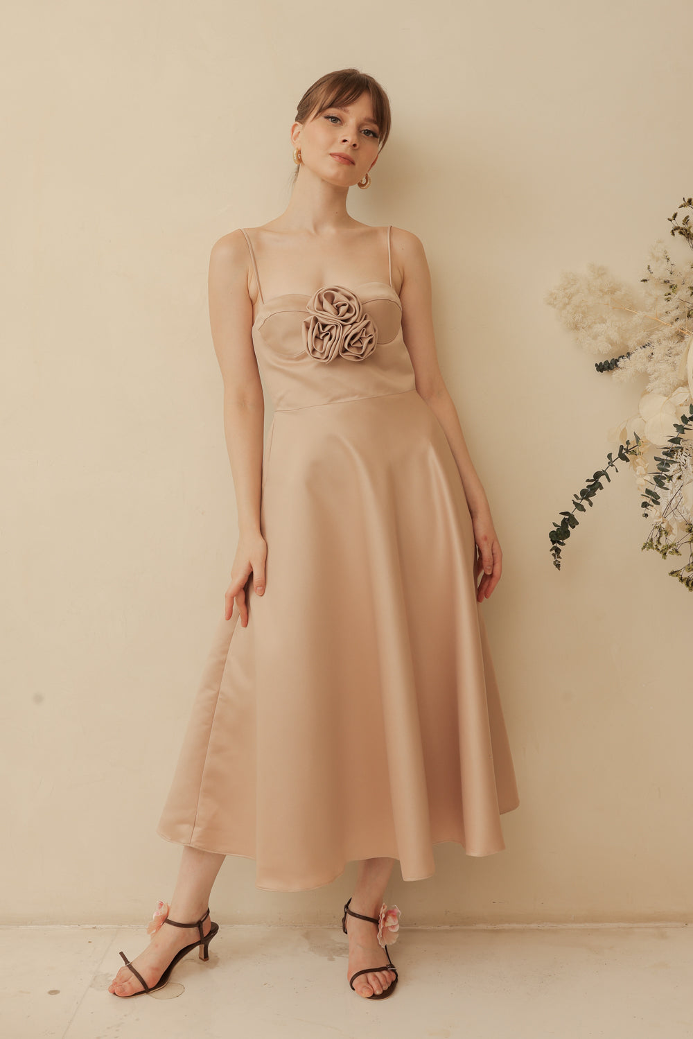 AIMEE Strappy Midi Dress with Pockets and Trio Floral Detail (Tan Duchess Satin)