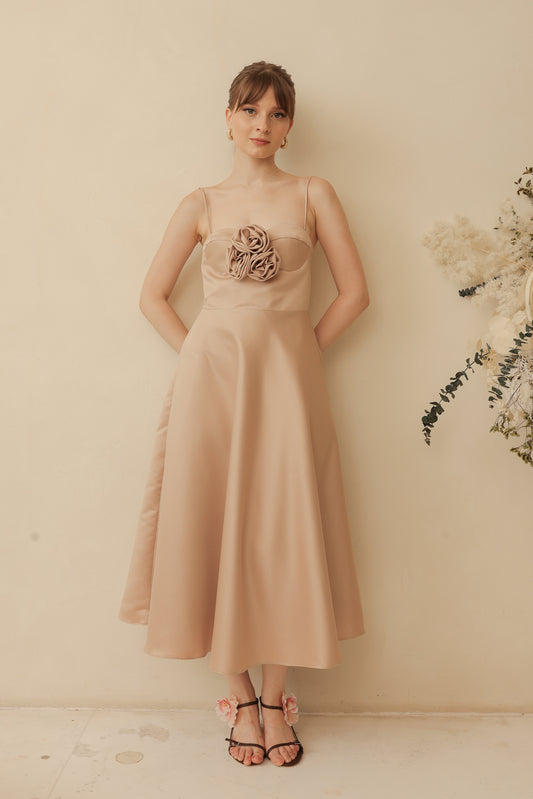 AIMEE Strappy Midi Dress with Pockets and Trio Floral Detail (Tan Duchess Satin)