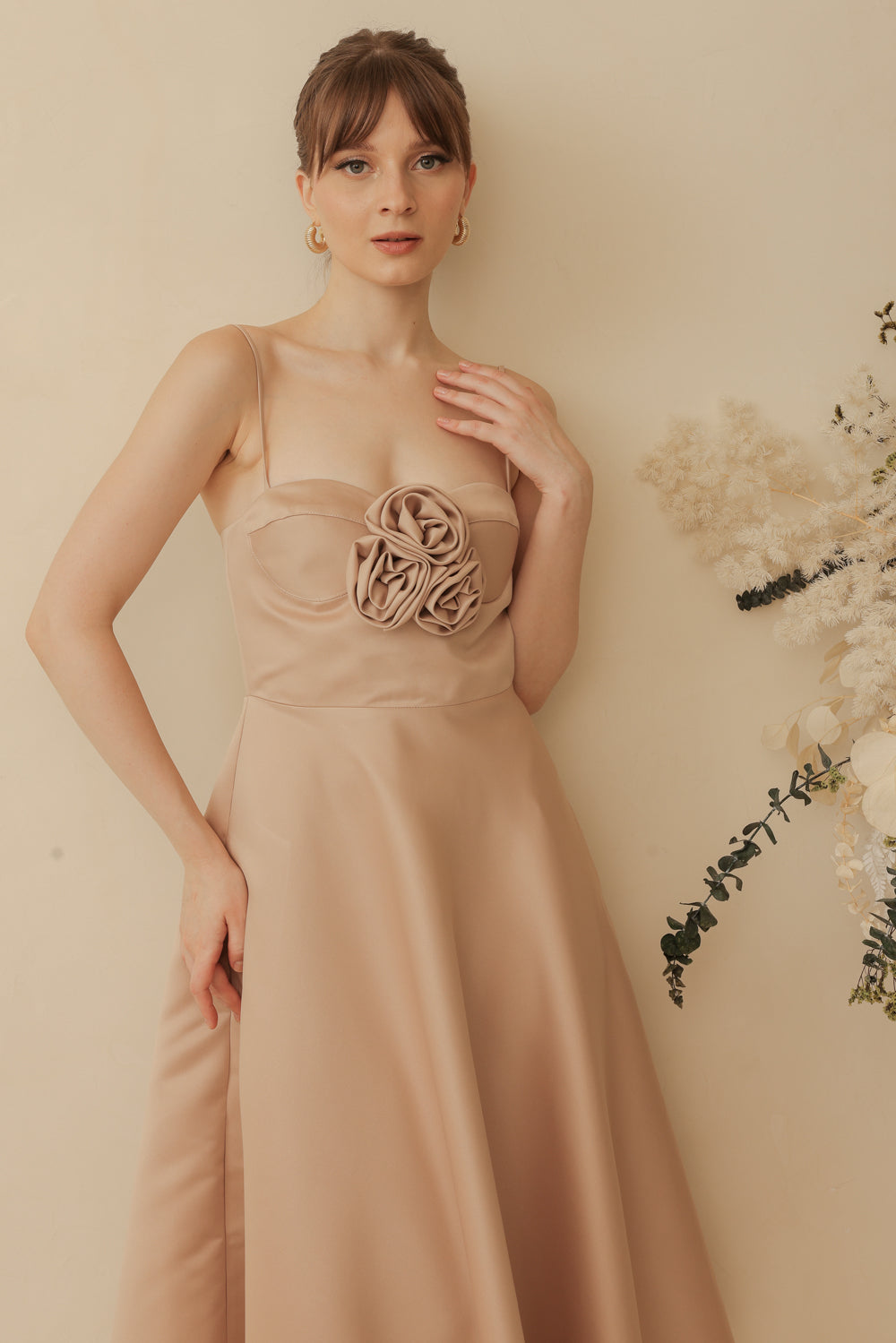 AIMEE Strappy Midi Dress with Pockets and Trio Floral Detail (Tan Duchess Satin)