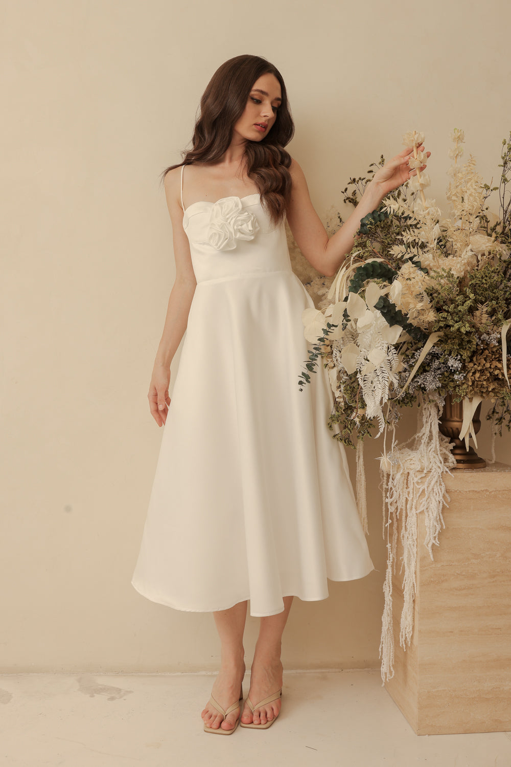 AIMEE Strappy Midi Dress with Pockets and Trio Floral Detail (Ivory White Duchess Satin)