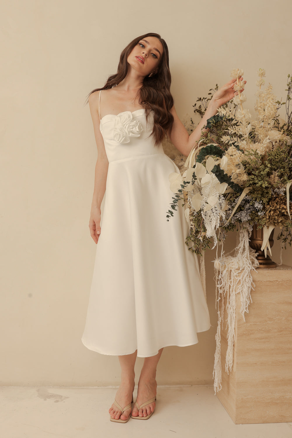 AIMEE Strappy Midi Dress with Pockets and Trio Floral Detail (Ivory White Duchess Satin)