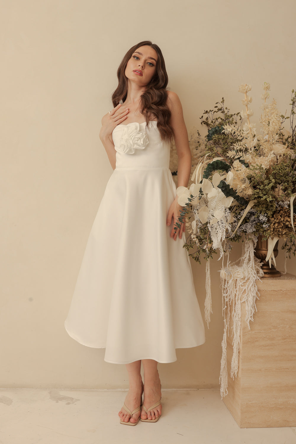 AIMEE Strappy Midi Dress with Pockets and Trio Floral Detail (Ivory White Duchess Satin)