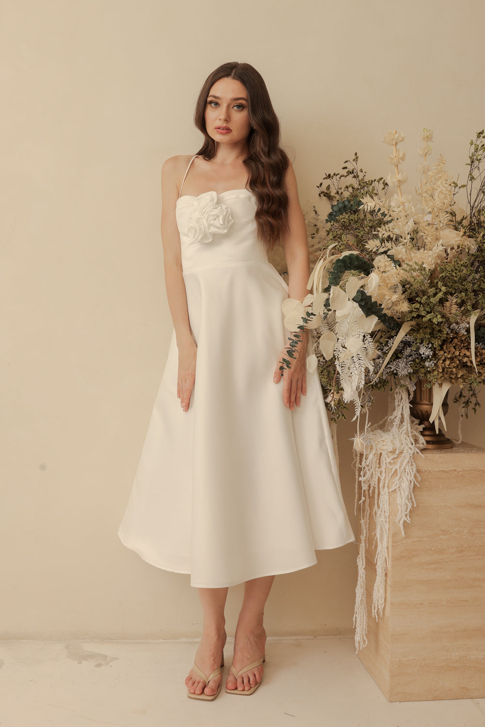 AIMEE Strappy Midi Dress with Pockets and Trio Floral Detail (Ivory White Duchess Satin)