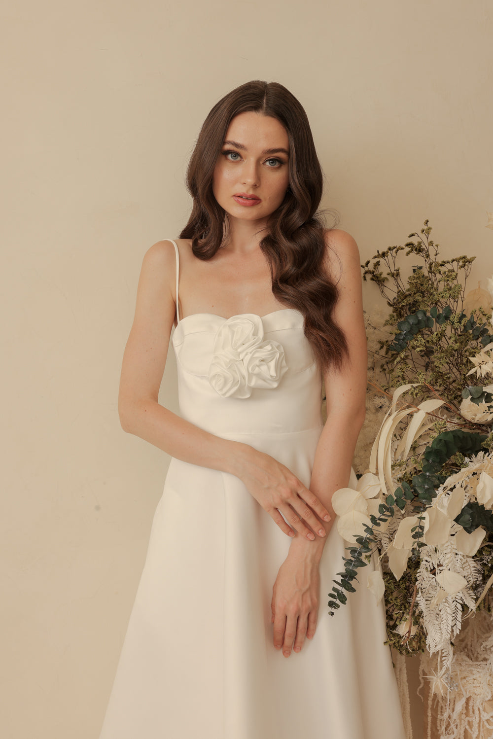 AIMEE Strappy Midi Dress with Pockets and Trio Floral Detail (Ivory White Duchess Satin)