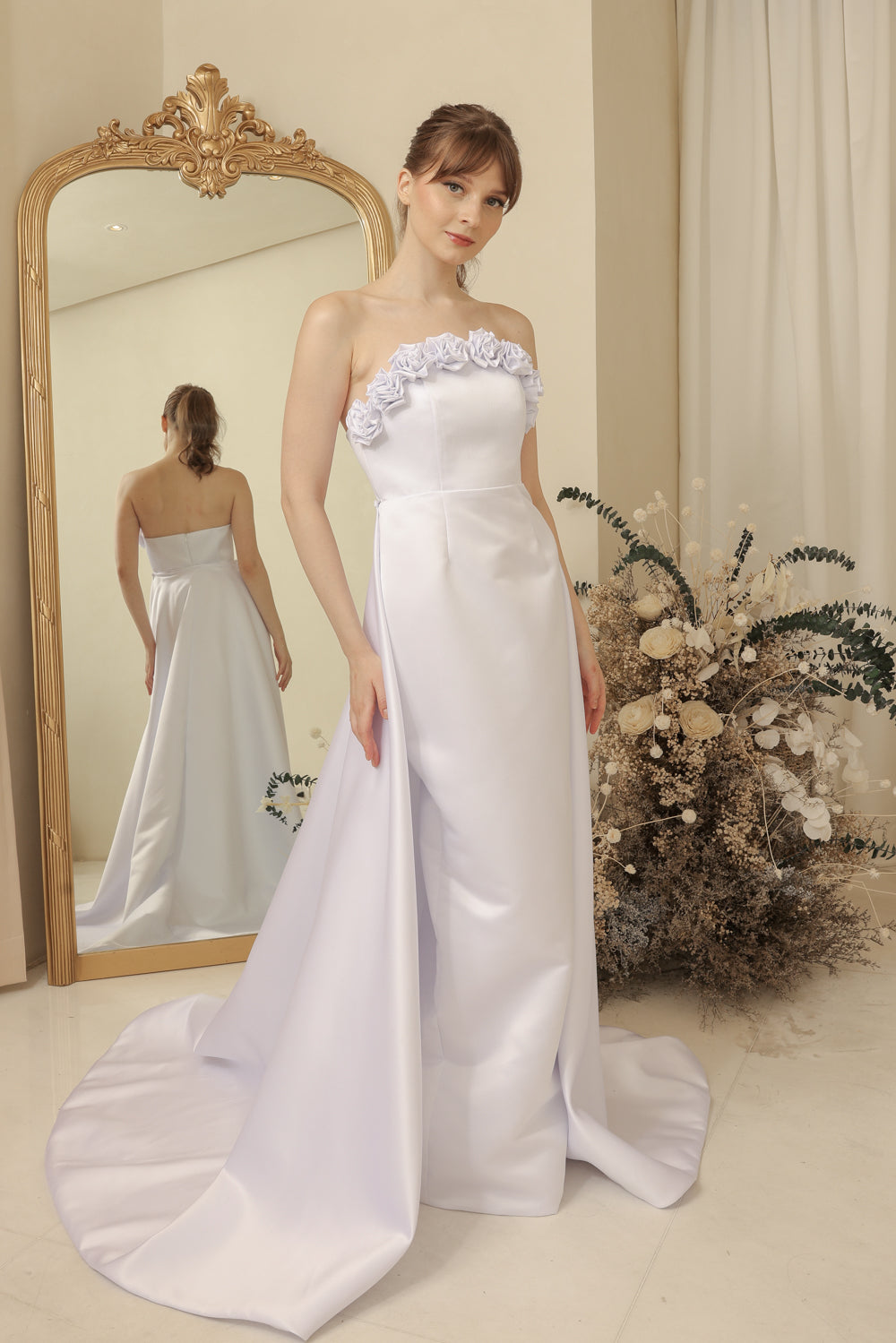 LEONORA GOWN Curve Neckline Maxi Dress with Full Floral Detail on Neckline and Detachable Trail Skirt (Ivory White Duchess Satin)