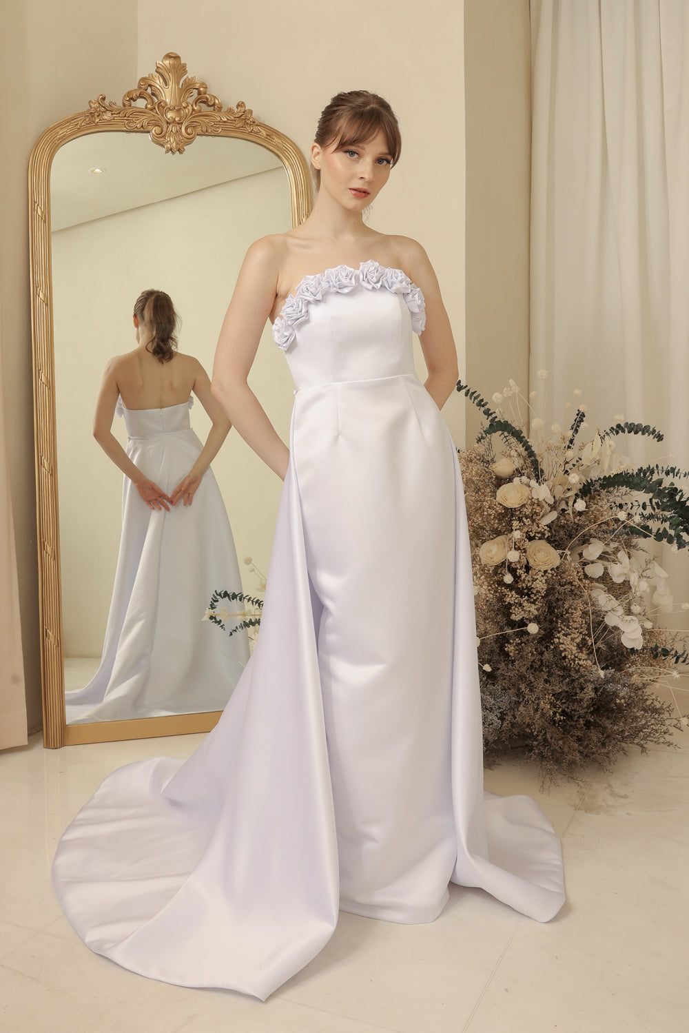 LEONORA GOWN Curve Neckline Maxi Dress with Full Floral Detail on Neckline and Detachable Trail Skirt (Ivory White Duchess Satin)