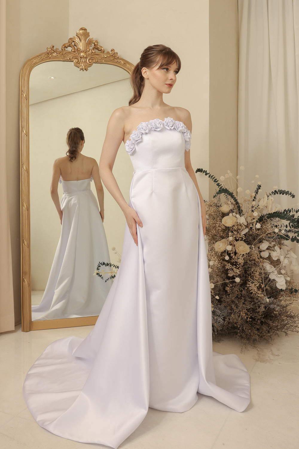 LEONORA GOWN Curve Neckline Maxi Dress with Full Floral Detail on Neckline and Detachable Trail Skirt (Ivory White Duchess Satin)