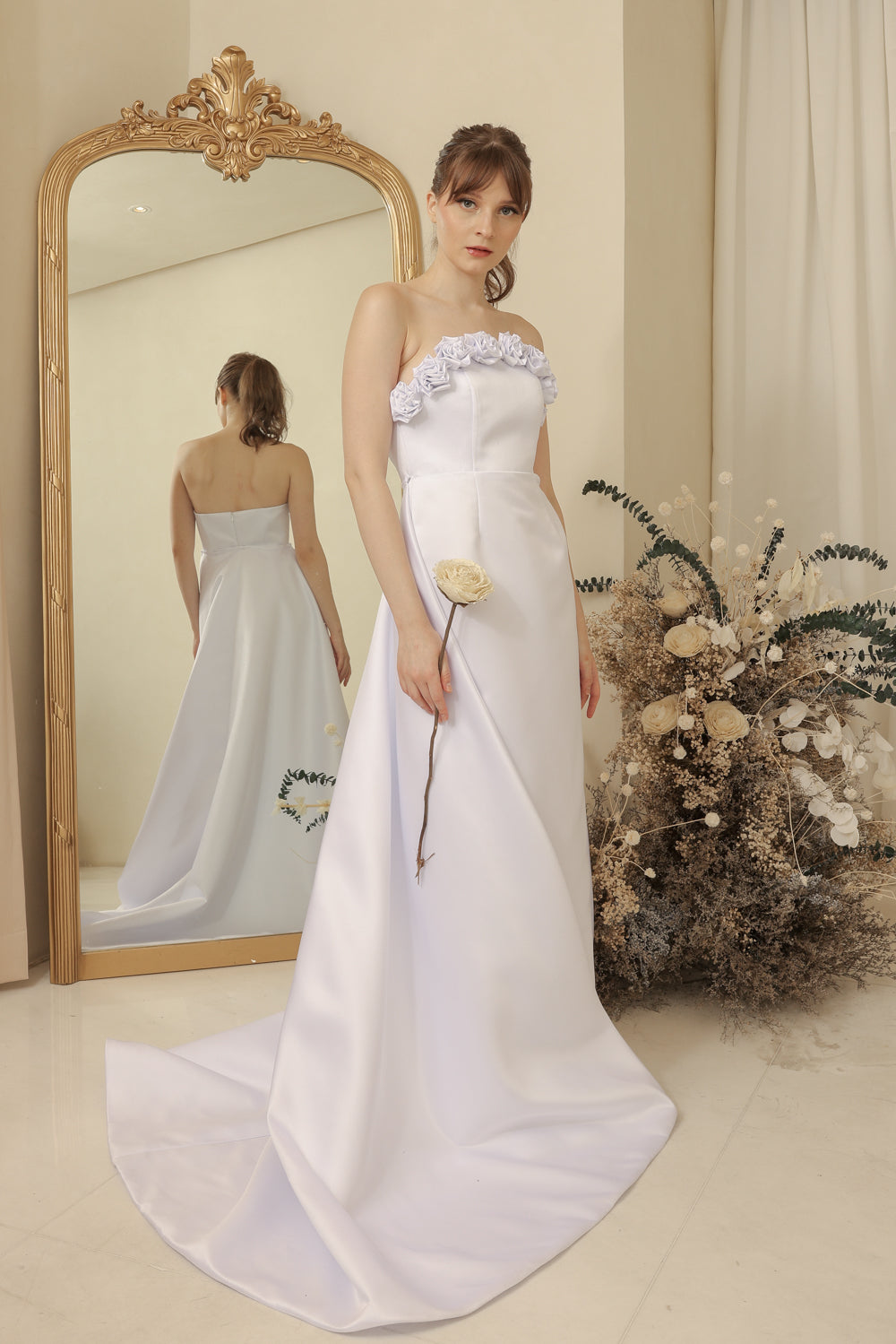 LEONORA GOWN Curve Neckline Maxi Dress with Full Floral Detail on Neckline and Detachable Trail Skirt (Ivory White Duchess Satin)