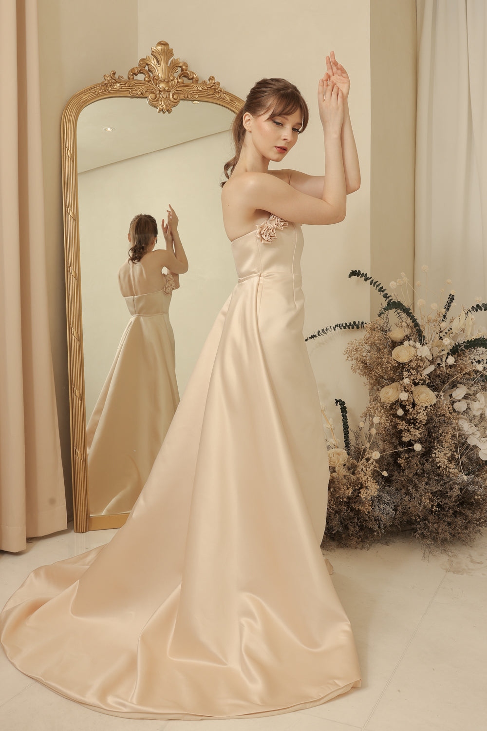 LEONORA GOWN Curve Neckline Maxi Dress with Full Floral Detail on Neckline and Detachable Trail Skirt (Light Peach Duchess Satin)