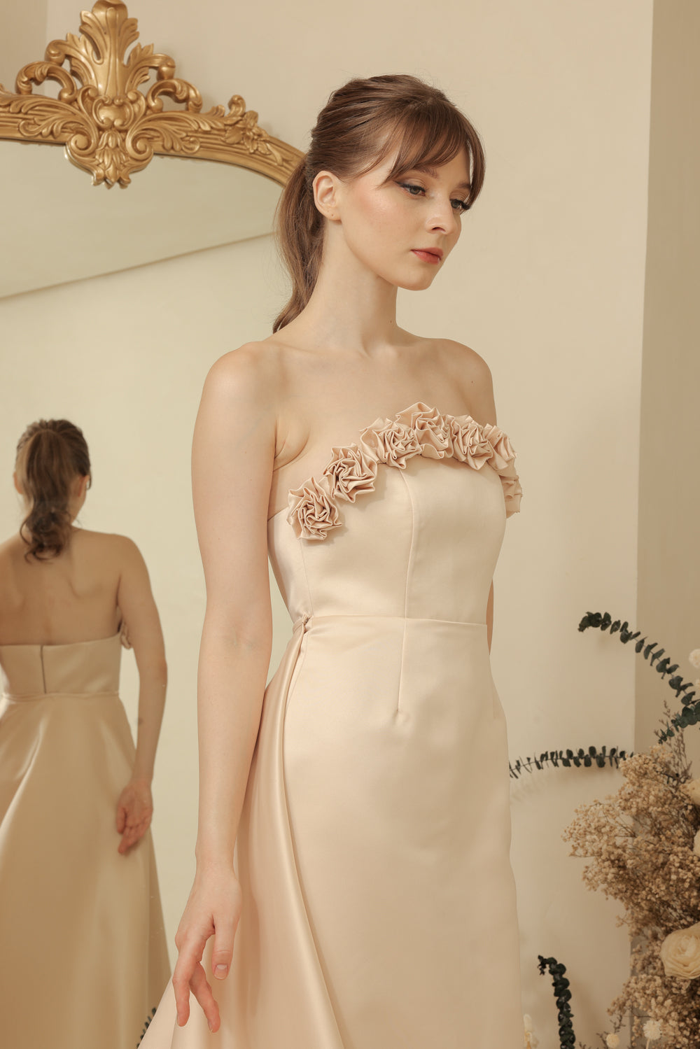 LEONORA GOWN Curve Neckline Maxi Dress with Full Floral Detail on Neckline and Detachable Trail Skirt (Light Peach Duchess Satin)