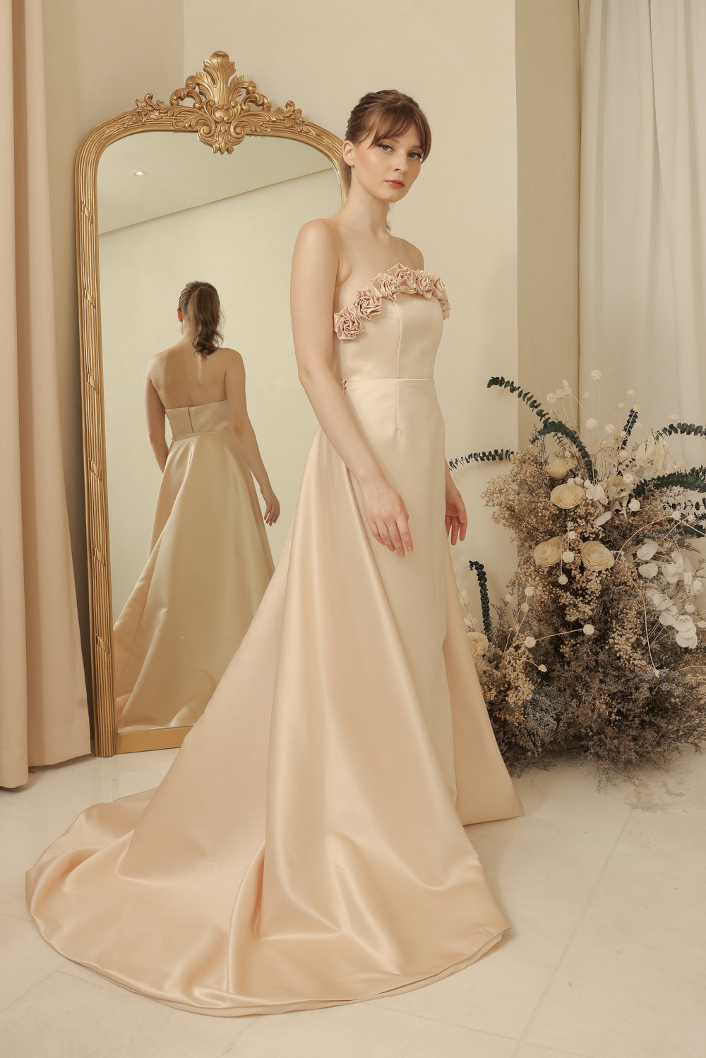 LEONORA GOWN Curve Neckline Maxi Dress with Full Floral Detail on Neckline and Detachable Trail Skirt (Light Peach Duchess Satin)