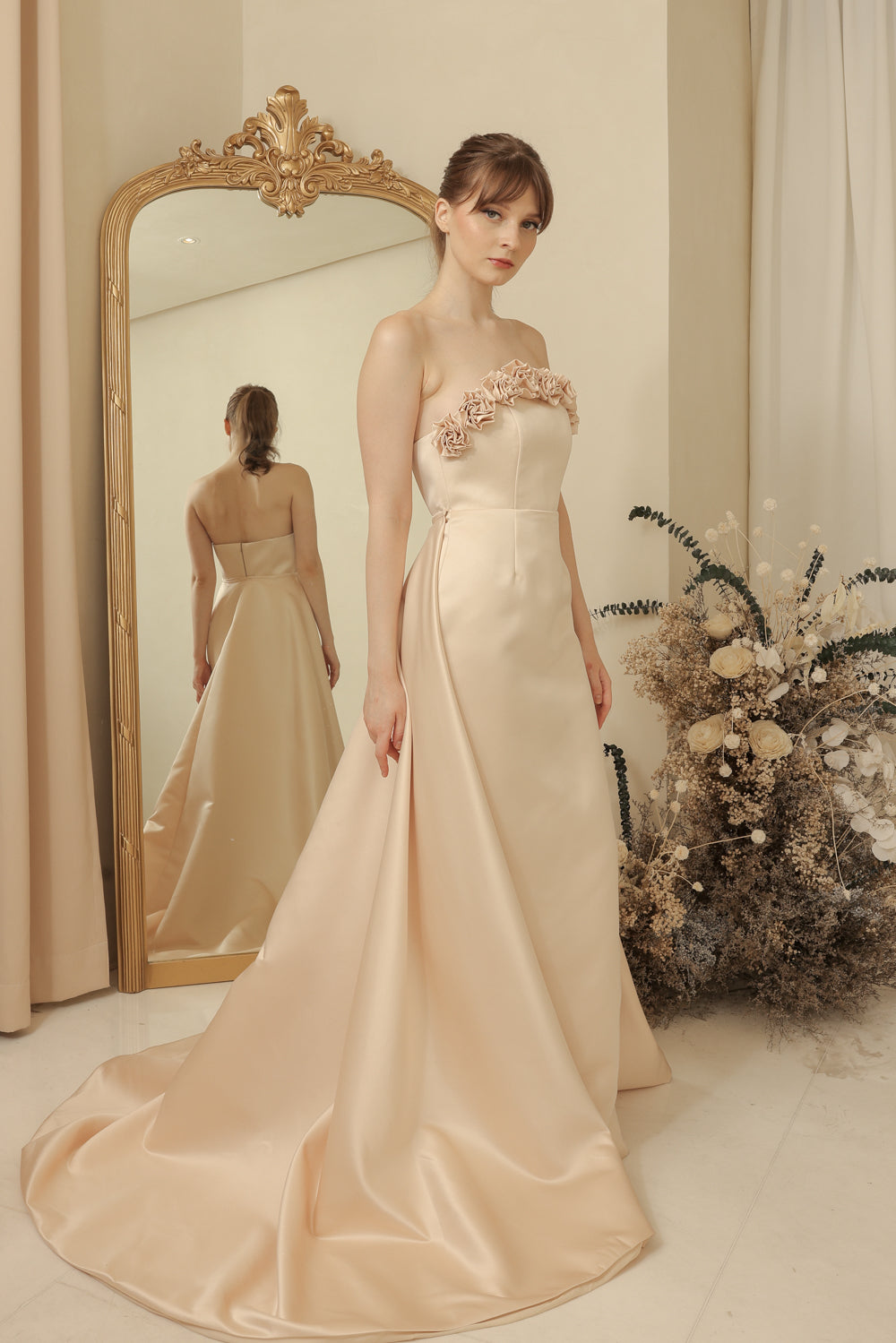 LEONORA GOWN Curve Neckline Maxi Dress with Full Floral Detail on Neckline and Detachable Trail Skirt (Light Peach Duchess Satin)