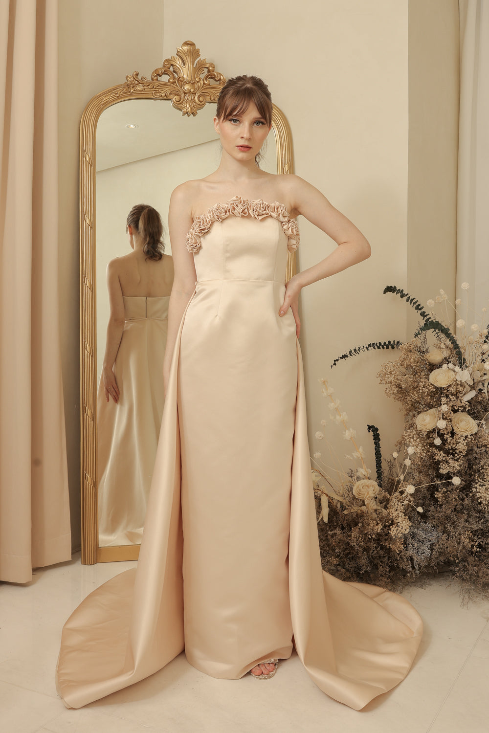 LEONORA GOWN Curve Neckline Maxi Dress with Full Floral Detail on Neckline and Detachable Trail Skirt (Light Peach Duchess Satin)