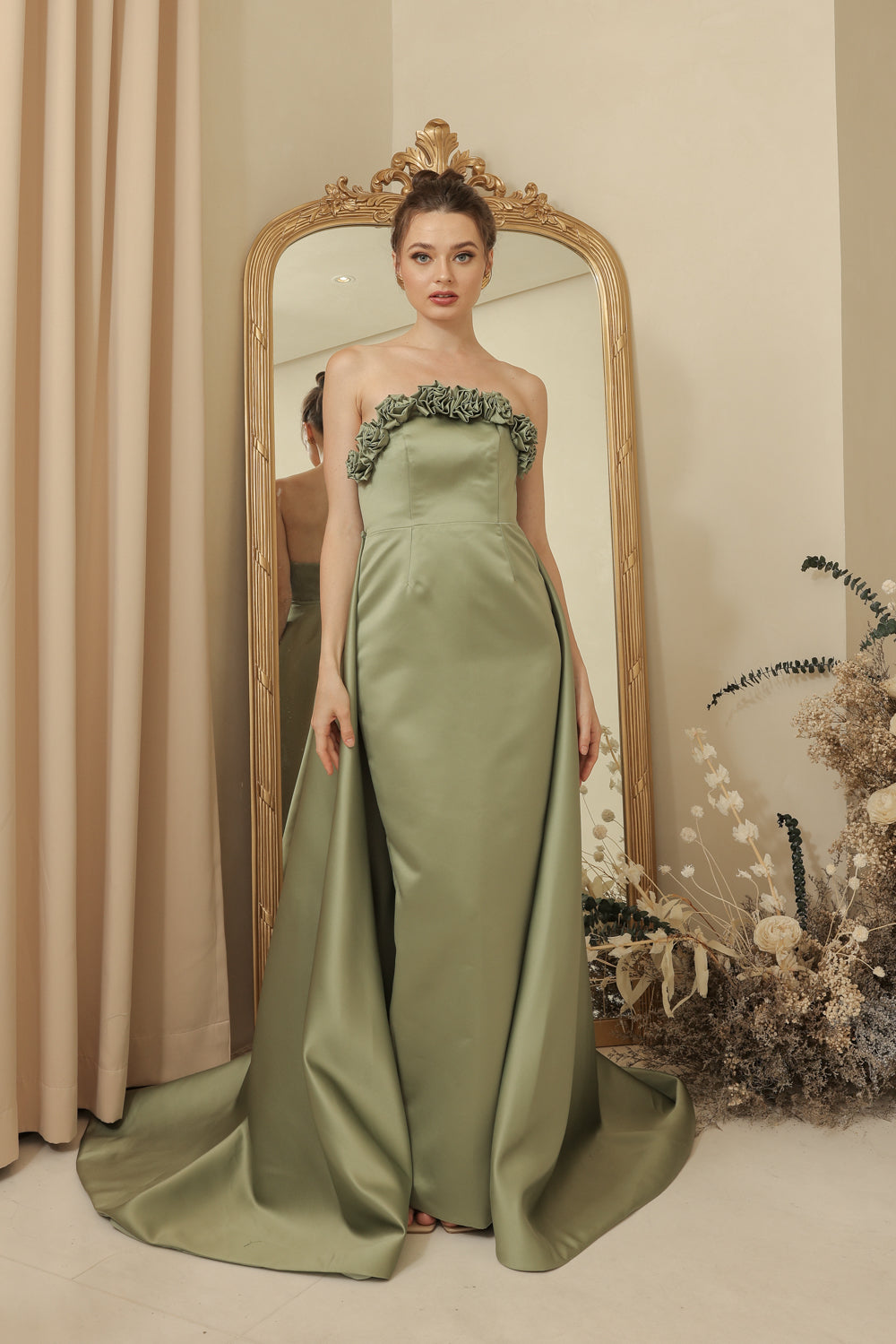 LEONORA GOWN Curve Neckline Maxi Dress with Full Floral Detail on Neckline and Detachable Trail Skirt (Olive Green Duchess Satin)