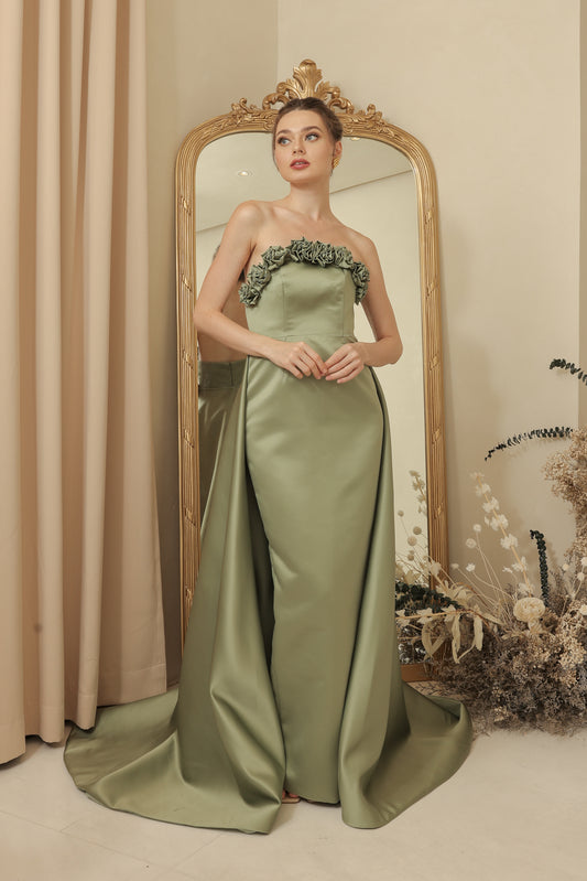 LEONORA GOWN Curve Neckline Maxi Dress with Full Floral Detail on Neckline and Detachable Trail Skirt (Olive Green Duchess Satin)