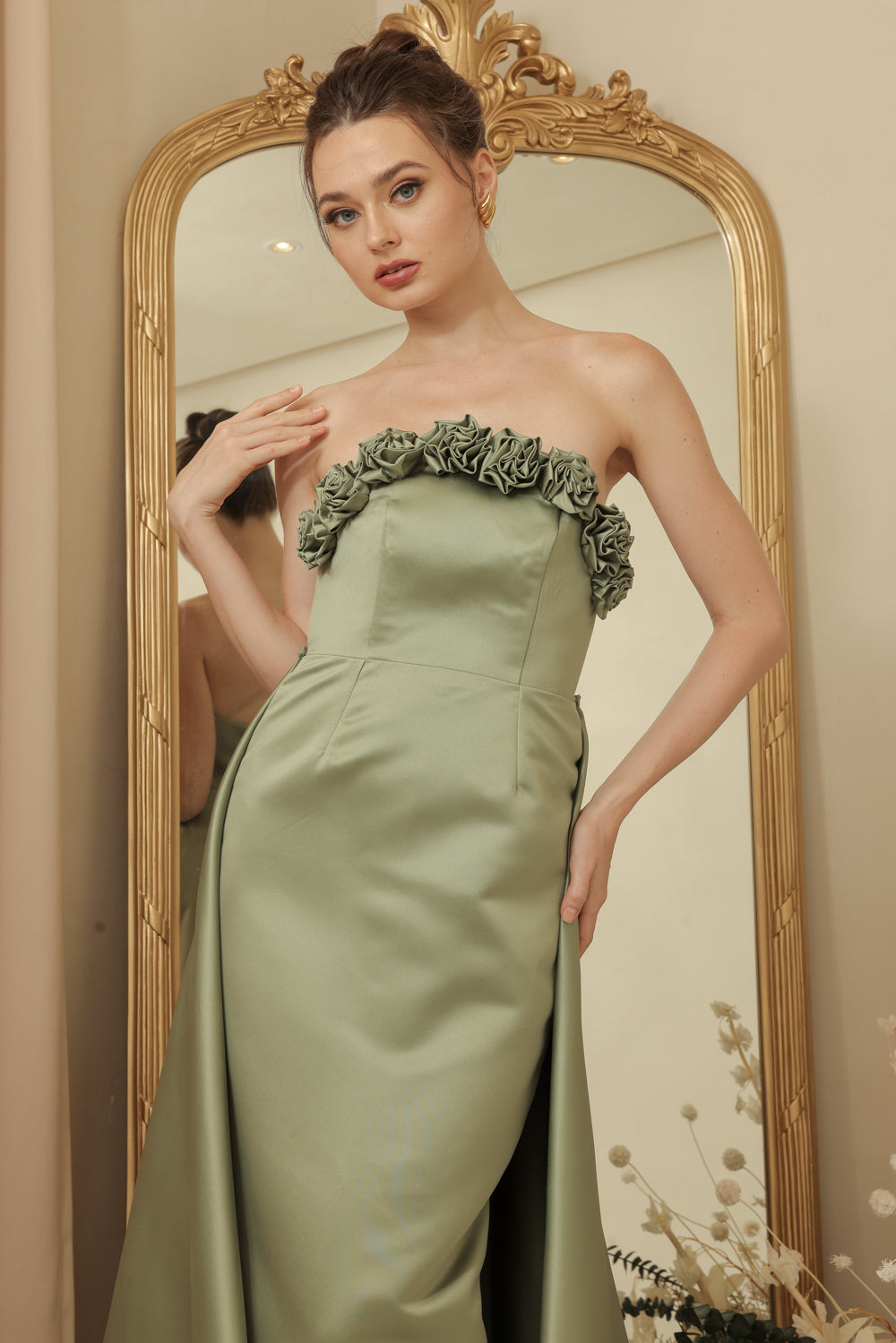 LEONORA GOWN Curve Neckline Maxi Dress with Full Floral Detail on Neckline and Detachable Trail Skirt (Olive Green Duchess Satin)