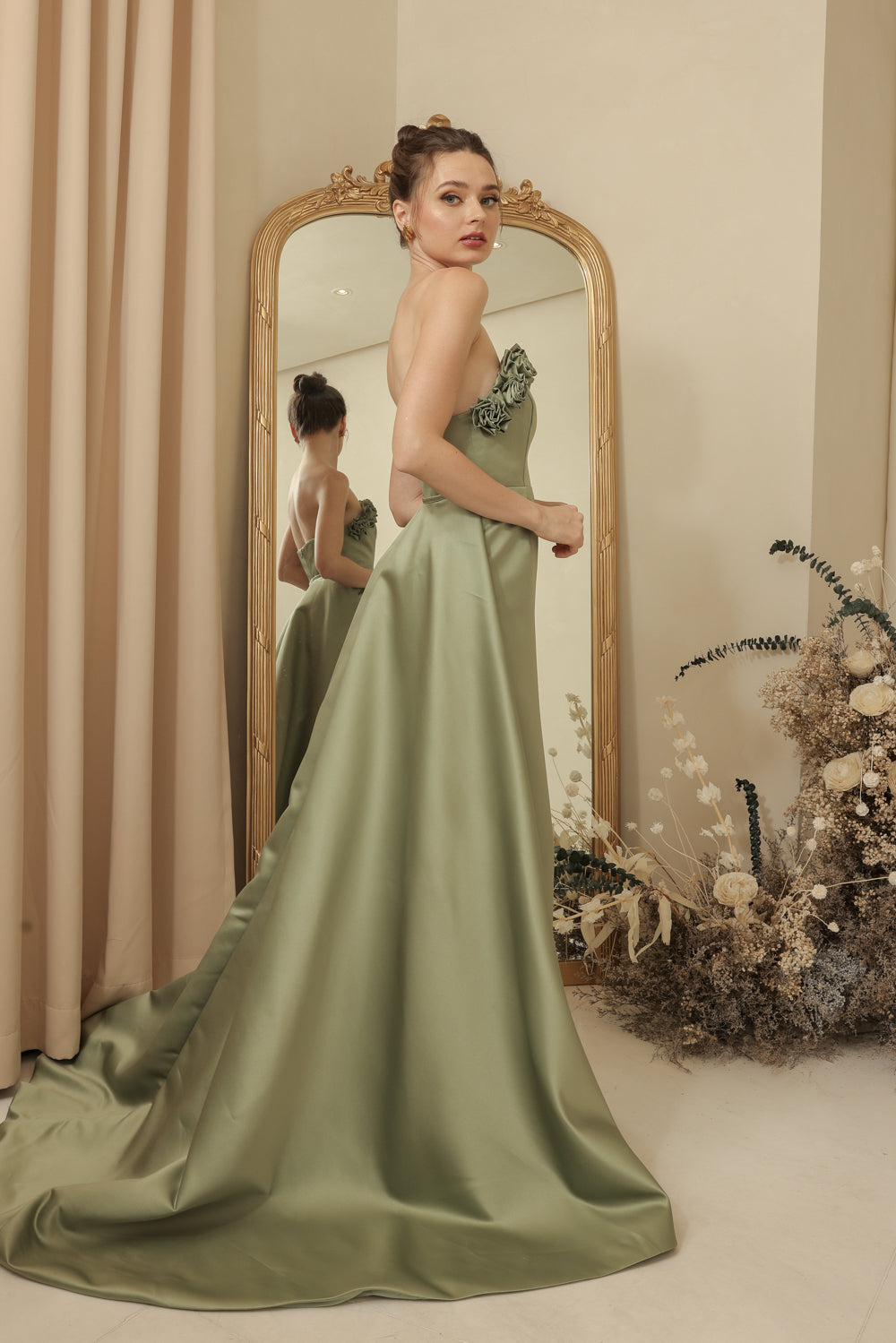 LEONORA GOWN Curve Neckline Maxi Dress with Full Floral Detail on Neckline and Detachable Trail Skirt (Olive Green Duchess Satin)