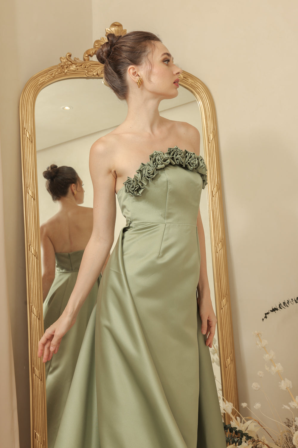 LEONORA GOWN Curve Neckline Maxi Dress with Full Floral Detail on Neckline and Detachable Trail Skirt (Olive Green Duchess Satin)