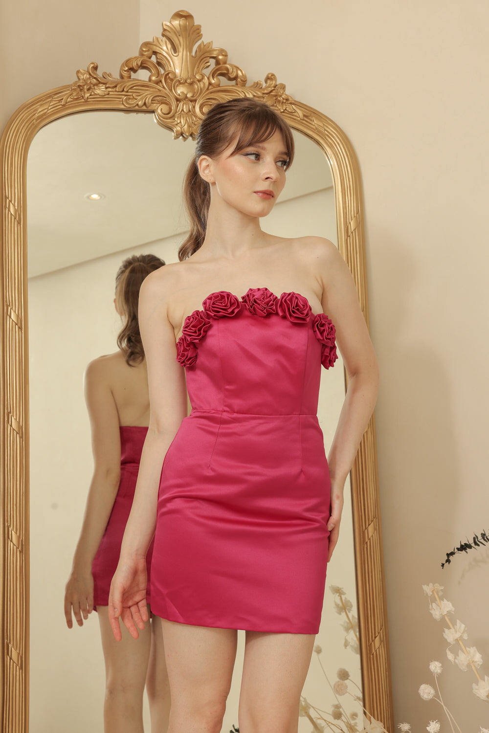 ALIZEE Curve Neckline Mini Dress with Full Floral Detail on Neckline (Magenta Duchess Satin)