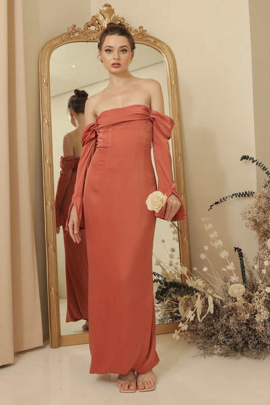 PARIS Off Shoulder Sleeve Maxi Dress (Rust Silk Crepe)